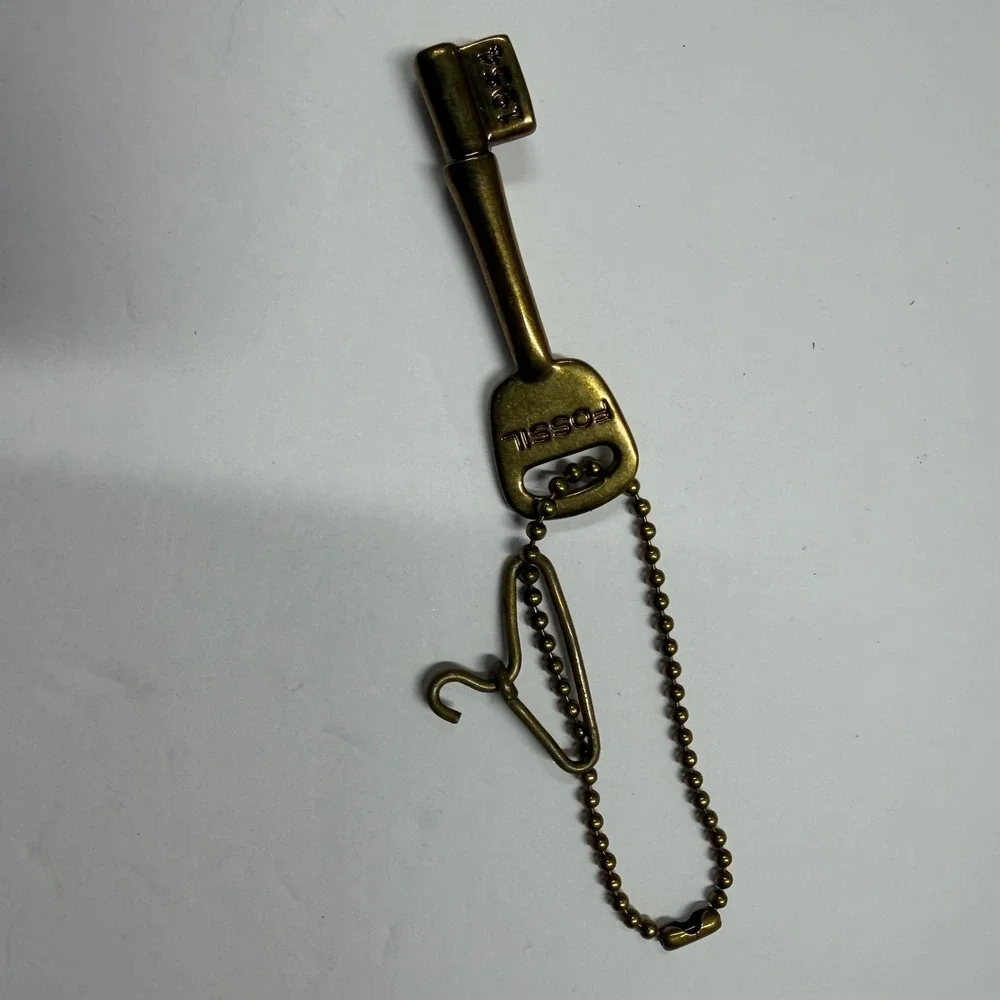Fossil Vintage Brass Key Shape Keychain Charm 1954 with Mini Hanger Fob